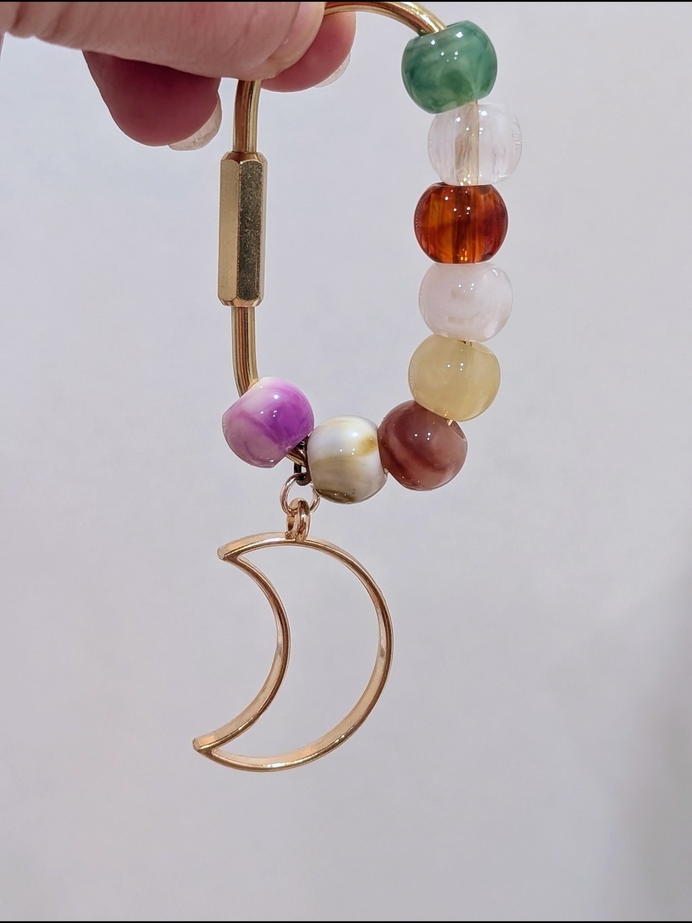 Gold Crescent Moon Beaded Keyring Multicolor Glass Beads - Picture 3 of 4
